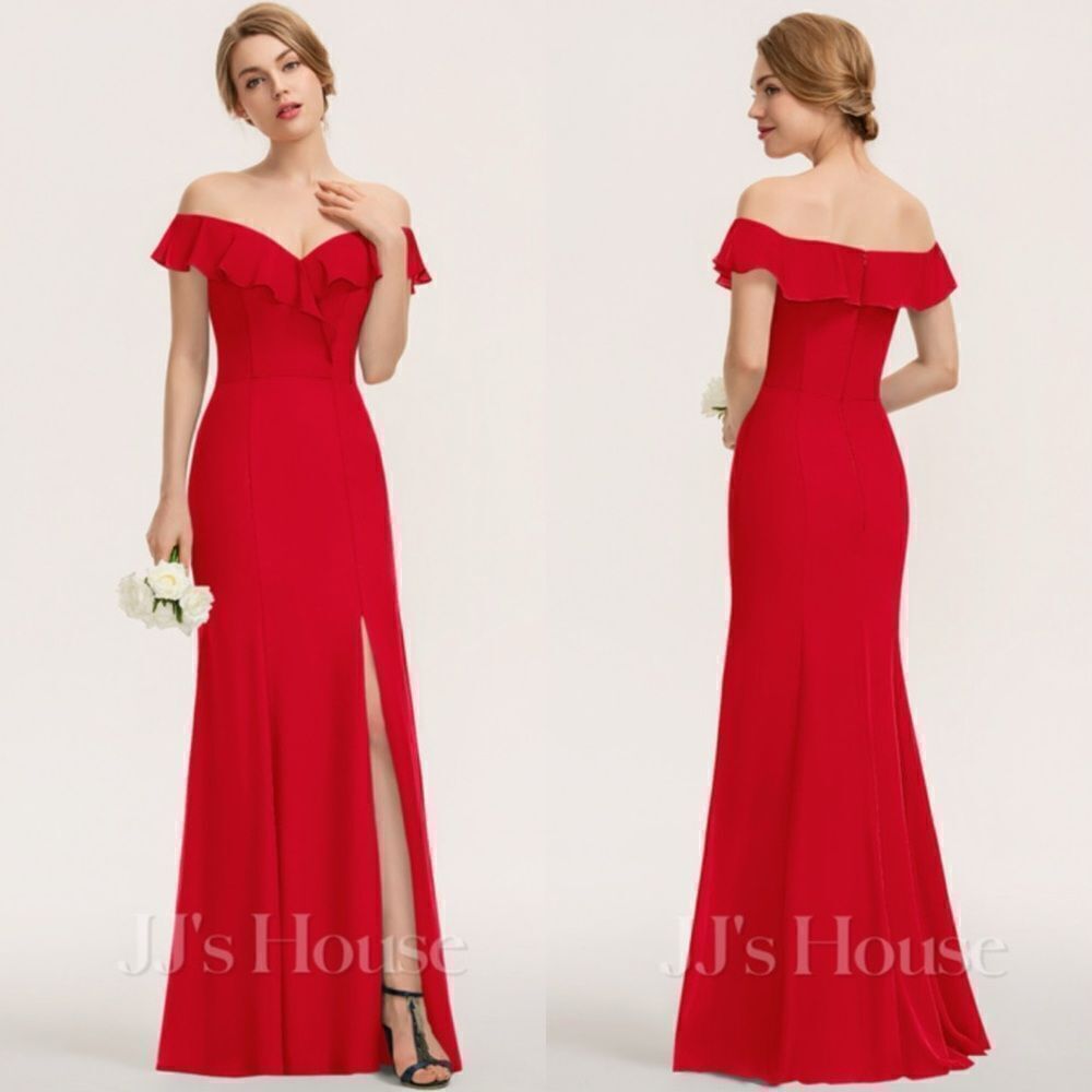 JJs House Red Off the Shoulder Sheath/Column Maxi Chiffon Bridesmaid Dress NEW